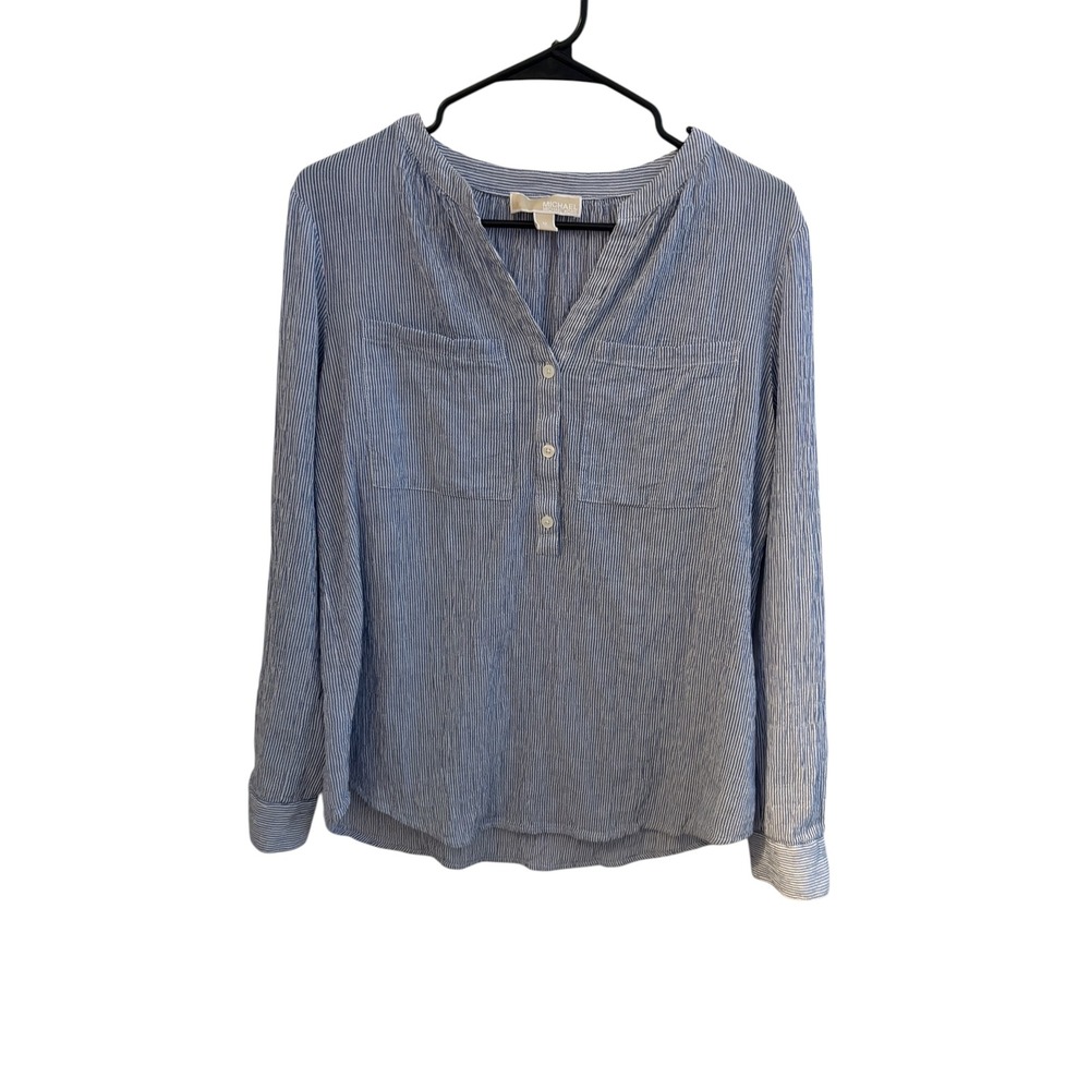 Michael Michael Kors Women's Blouse M Blue White Stripe Long Sleeve Lightweight‎
